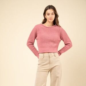 New In women’s large Sweater rose Pink knit lace tie back boutique soft chenille